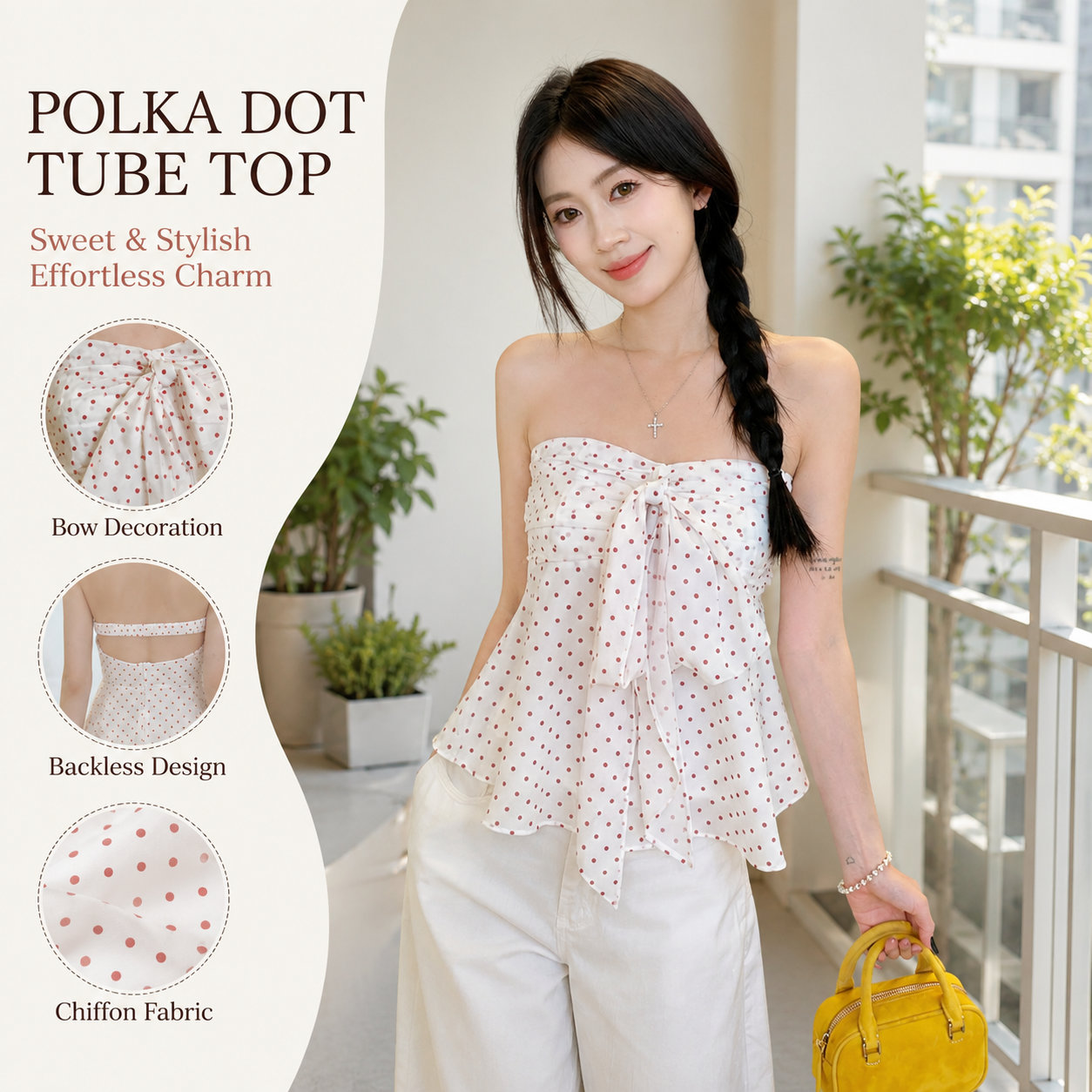 White Polka Dot Bow Crop Top