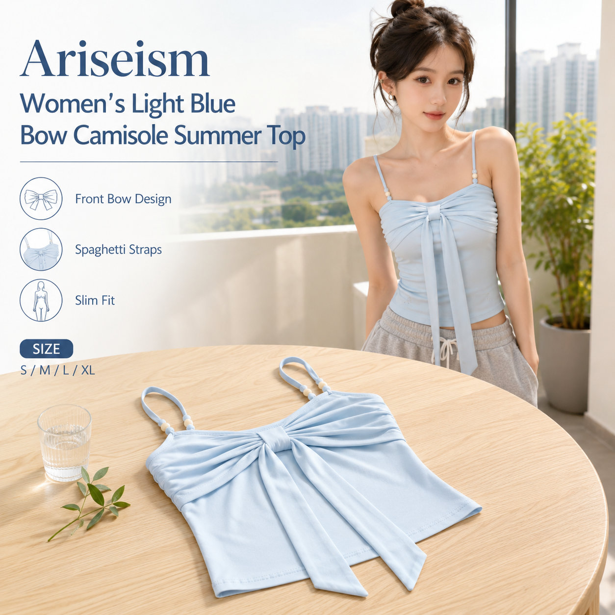 Light Blue Bow Slim Cami Top