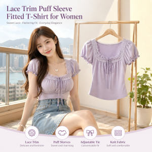Purple White Lace Square Neck Slim T-Shirt
