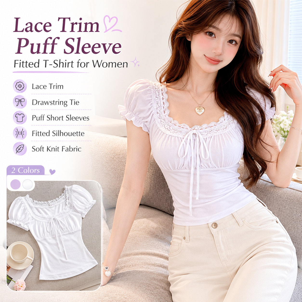 Purple White Lace Square Neck Slim T-Shirt