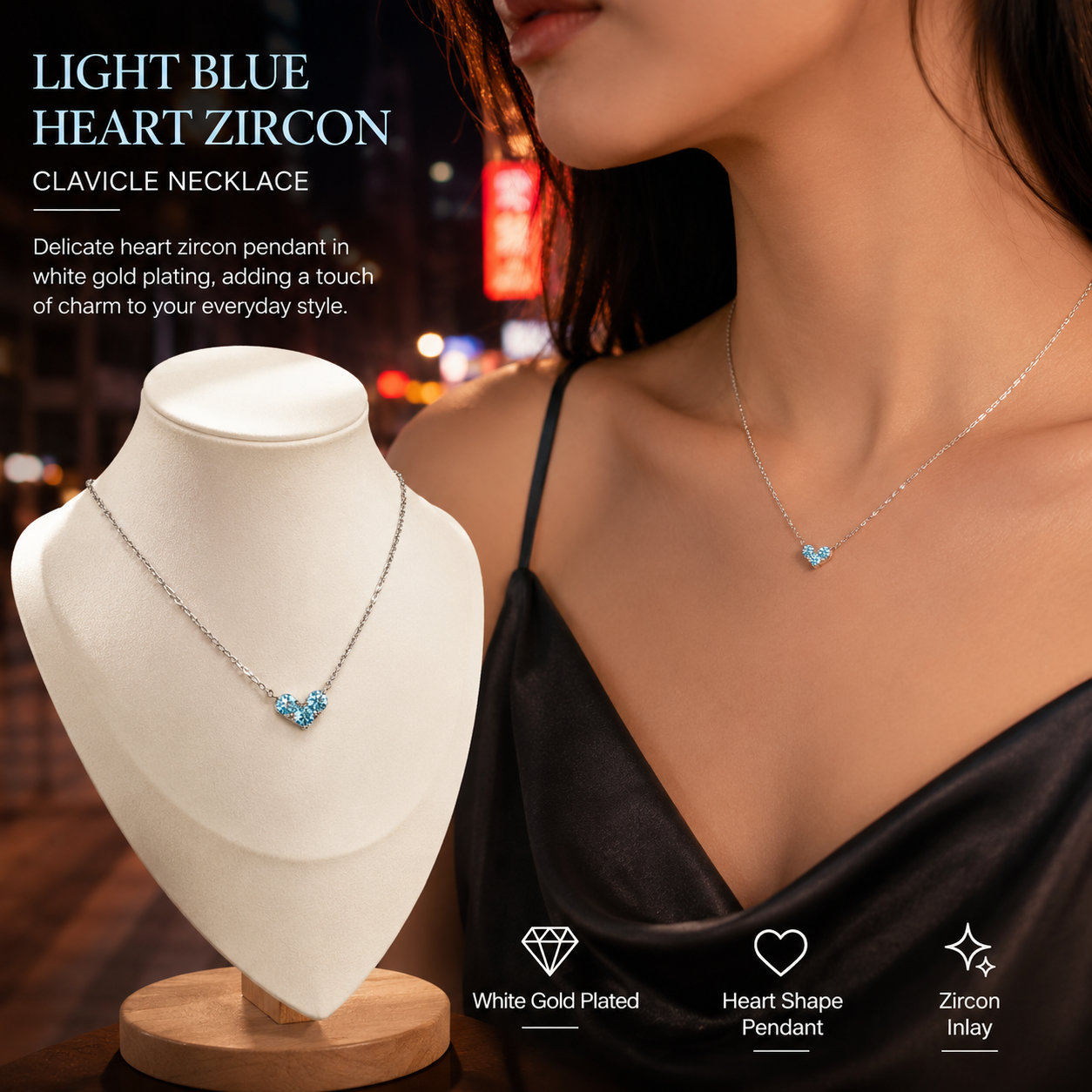 White Gold Plated Heart Zircon Collarbone Necklace