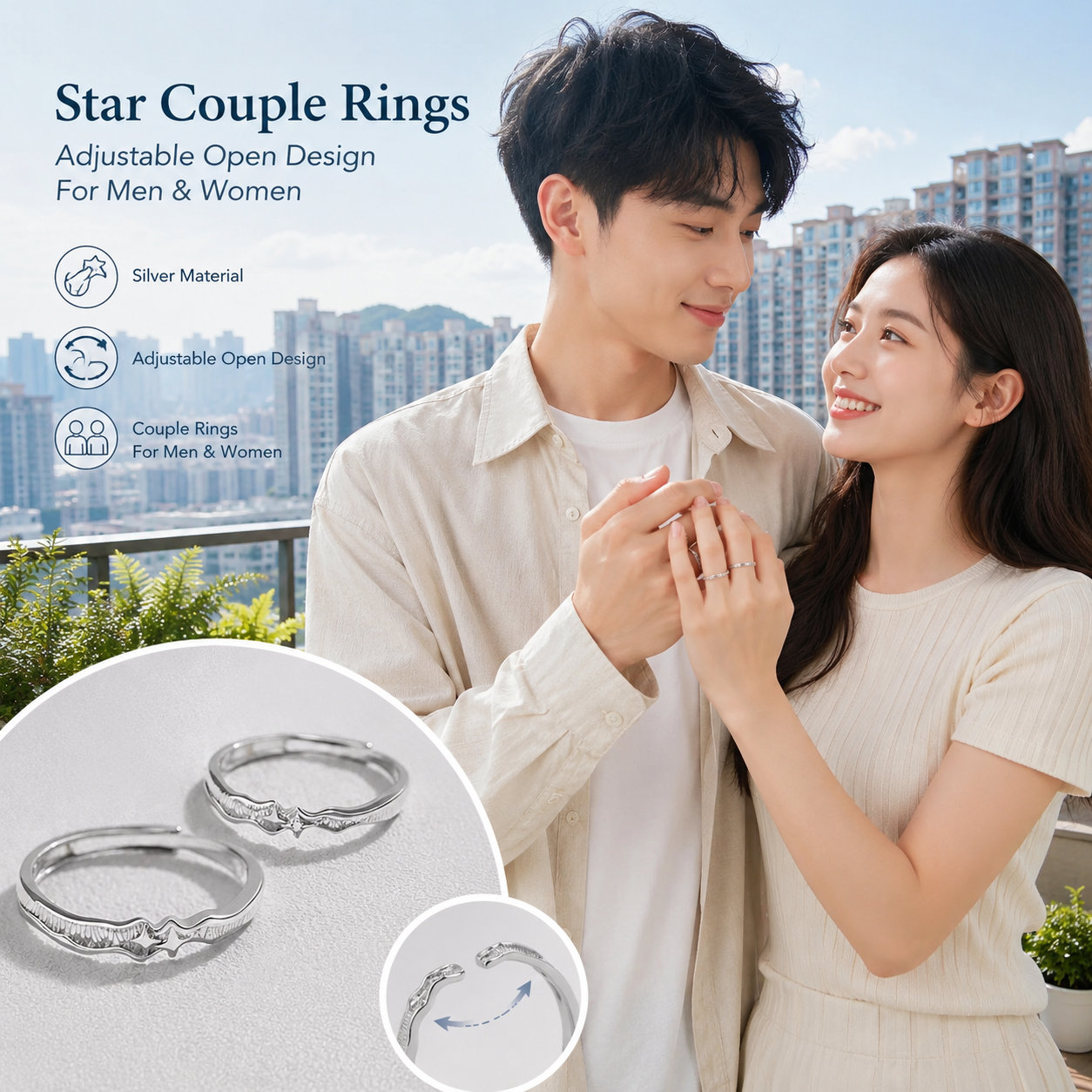 Adjustable Silver Couple Promise Rings