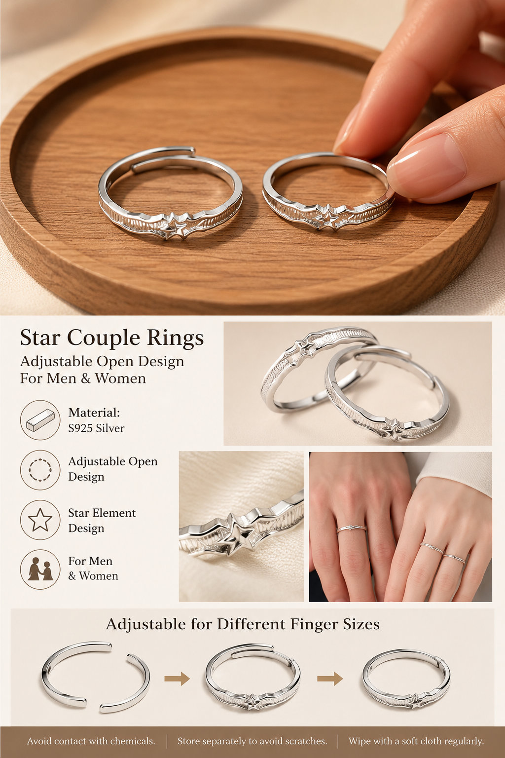 Adjustable Silver Couple Promise Rings