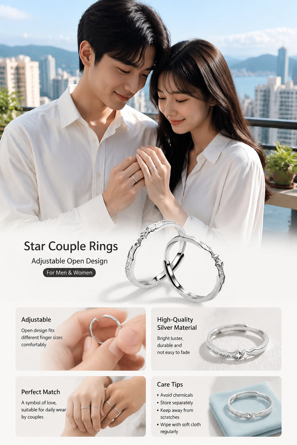 Adjustable Silver Couple Promise Rings