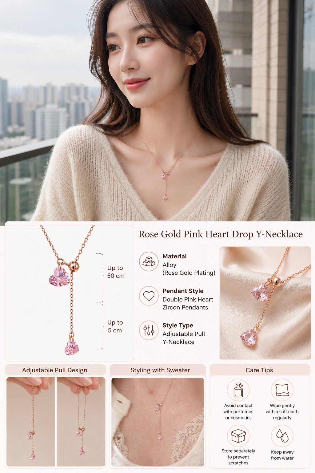 Rose Gold Pink Heart Zircon Necklace