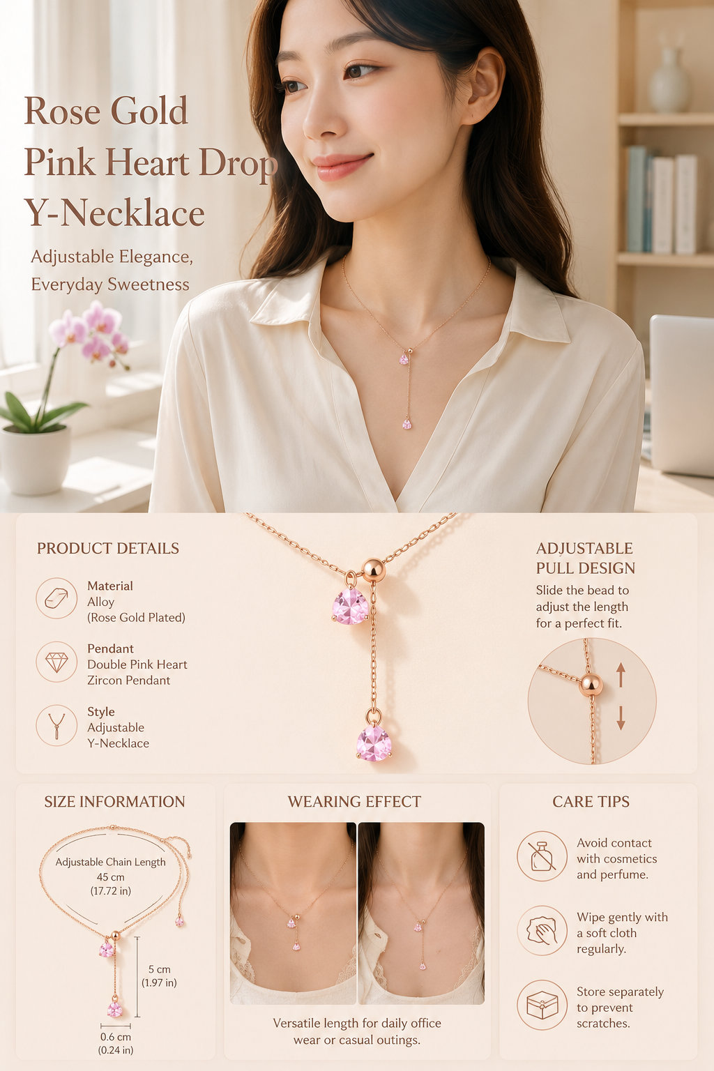 Rose Gold Pink Heart Zircon Necklace