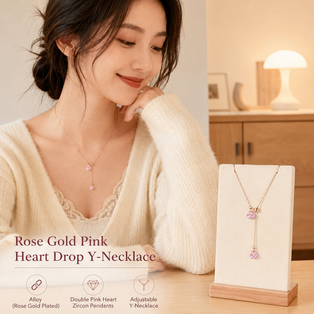 Rose Gold Pink Heart Zircon Necklace
