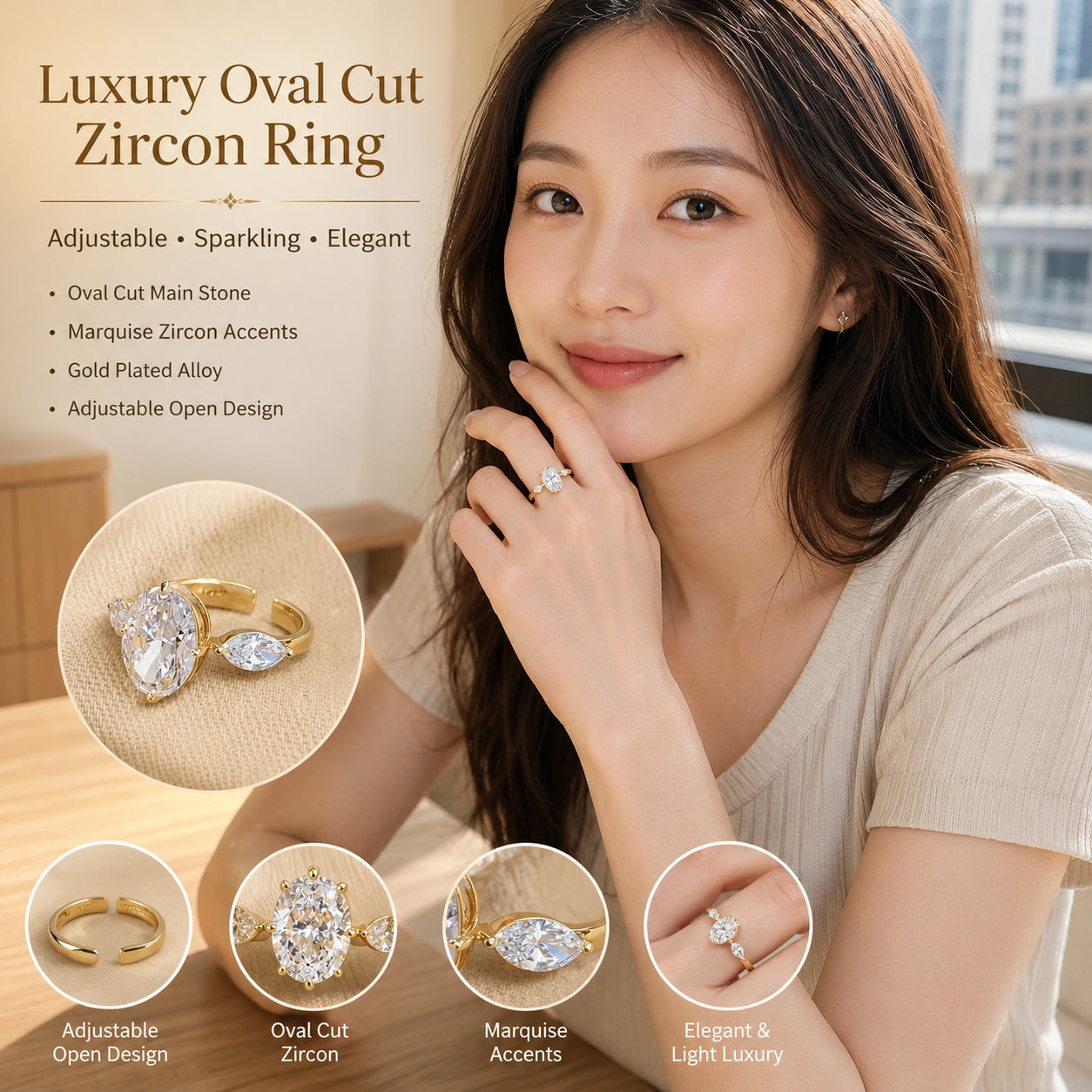 Adjustable Gold-plated CZ Ring