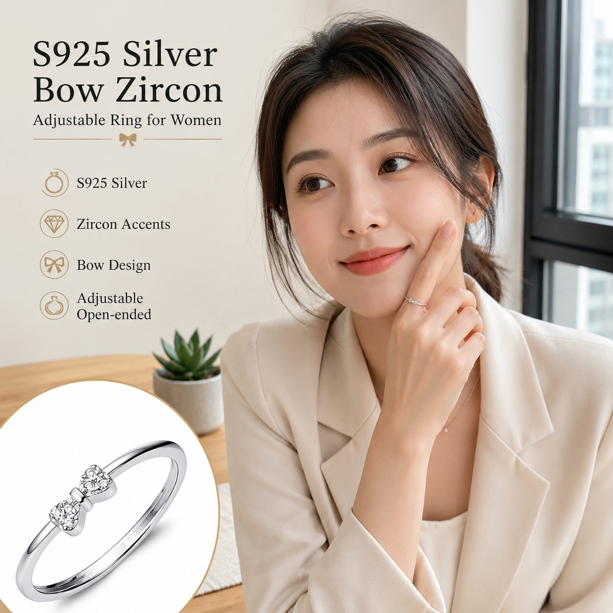 S925 Silver Bow Zircon Ring
