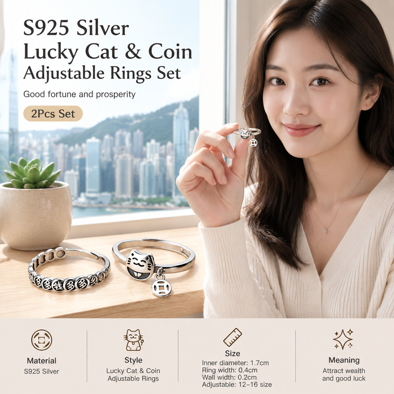 2PCS S925 Silver Lucky Rings