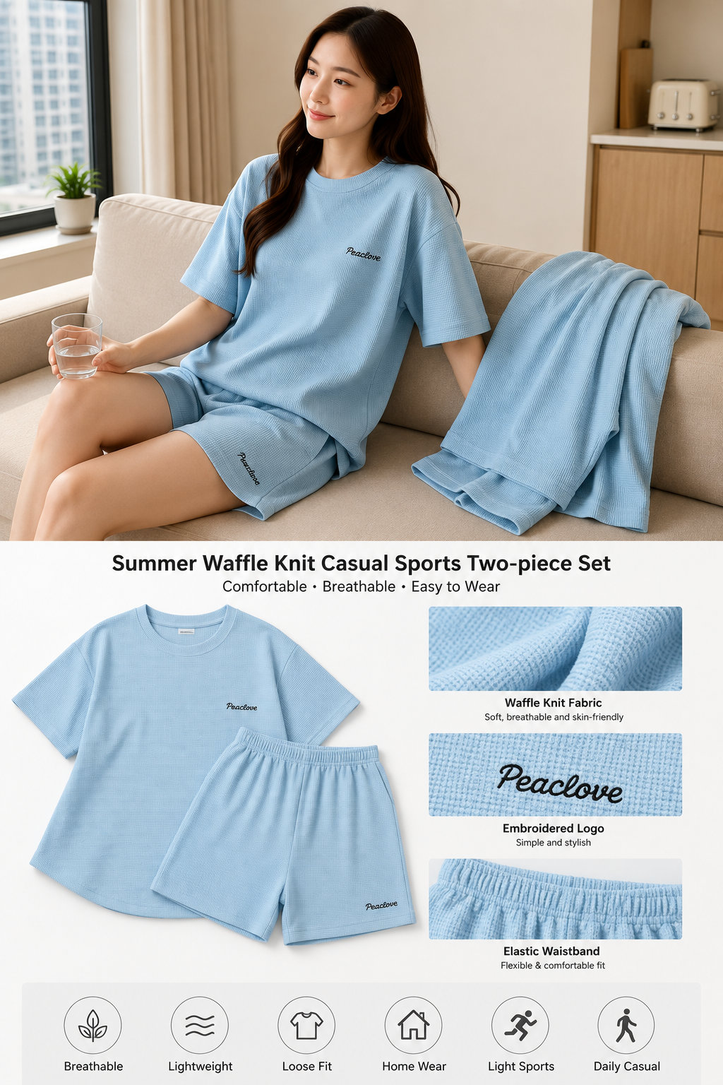 Summer Casual Sports Two - piece Set with Waffle Pattern