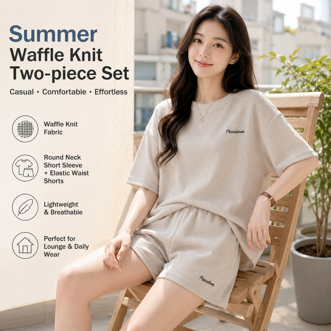 Summer Casual Sports Two - piece Set with Waffle Pattern