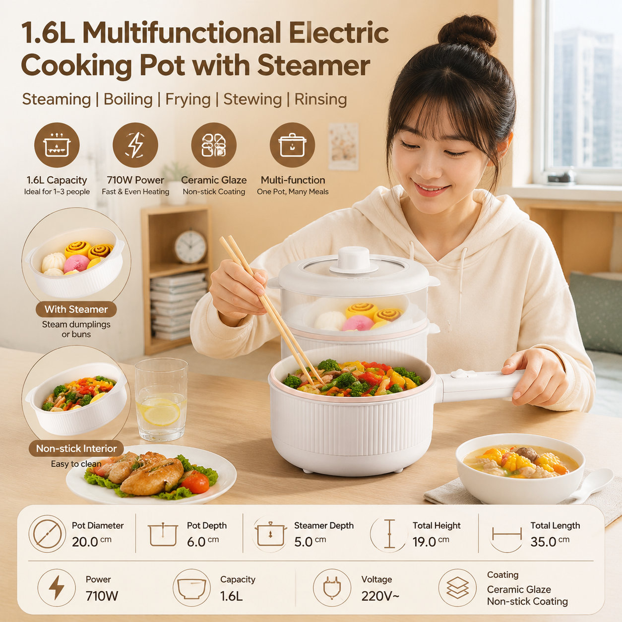 Multifunctional Electric Cooking Pot with Steamer