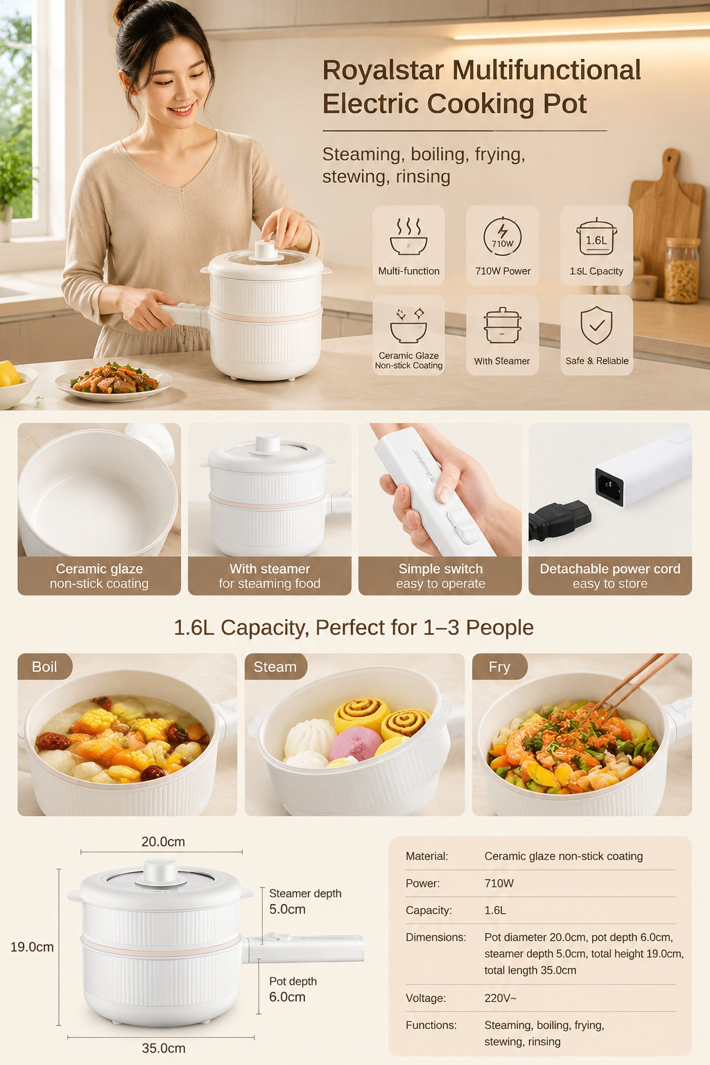 Multifunctional Electric Cooking Pot with Steamer