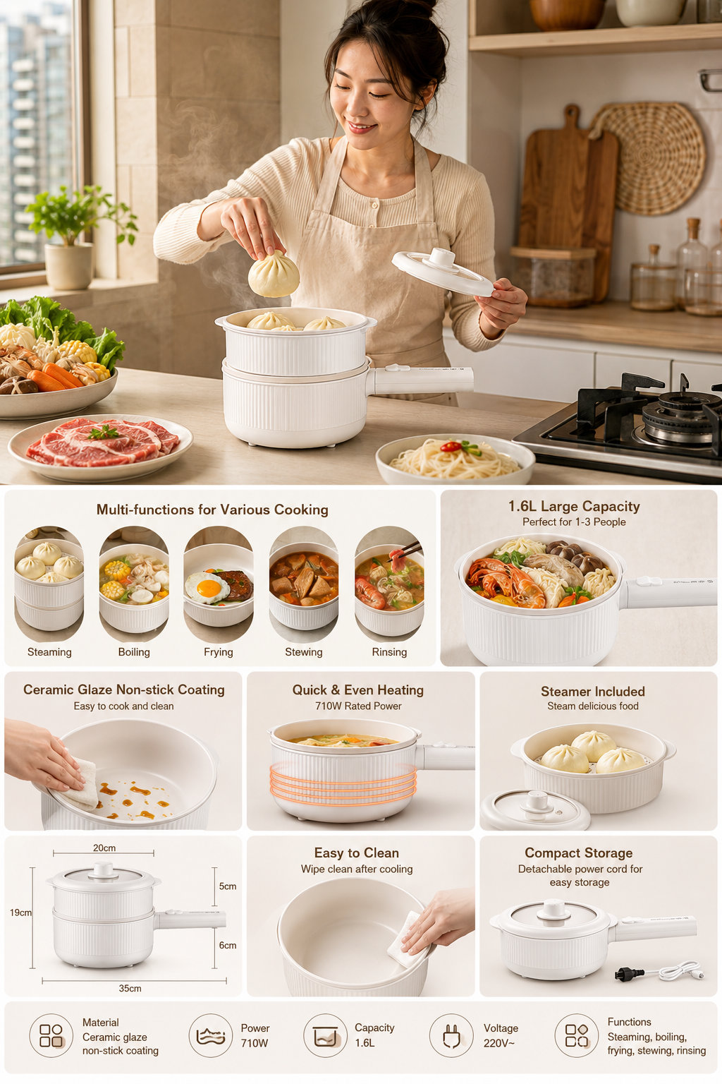Multifunctional Electric Cooking Pot with Steamer